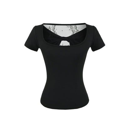 Square Neck Lace Trim Short-Sleeve Top