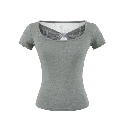 Square Neck Lace Trim Short-Sleeve Top