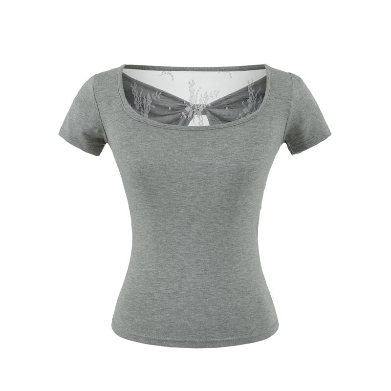 Square Neck Lace Trim Short-Sleeve Top