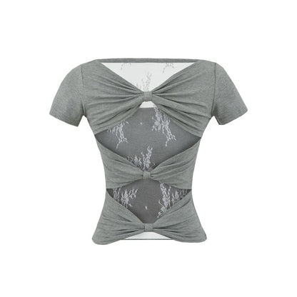 Square Neck Lace Trim Short-Sleeve Top