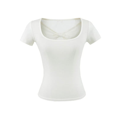 Square Neck Lace Trim Short-Sleeve Top