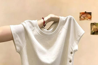 Button Side Crewneck Short-Sleeve Crop Tee