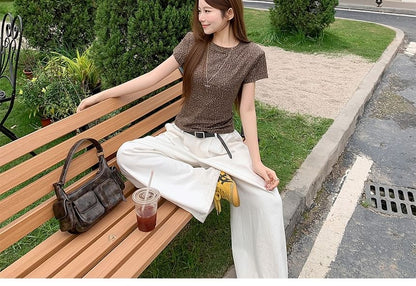Leopard Print Crewneck Short-Sleeve Crop Tee