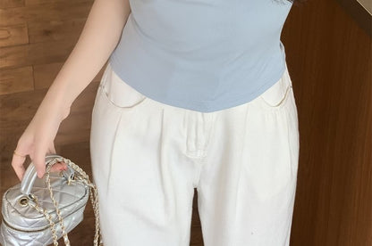 Scoop Neck Short-Sleeve Solid Crop Tee