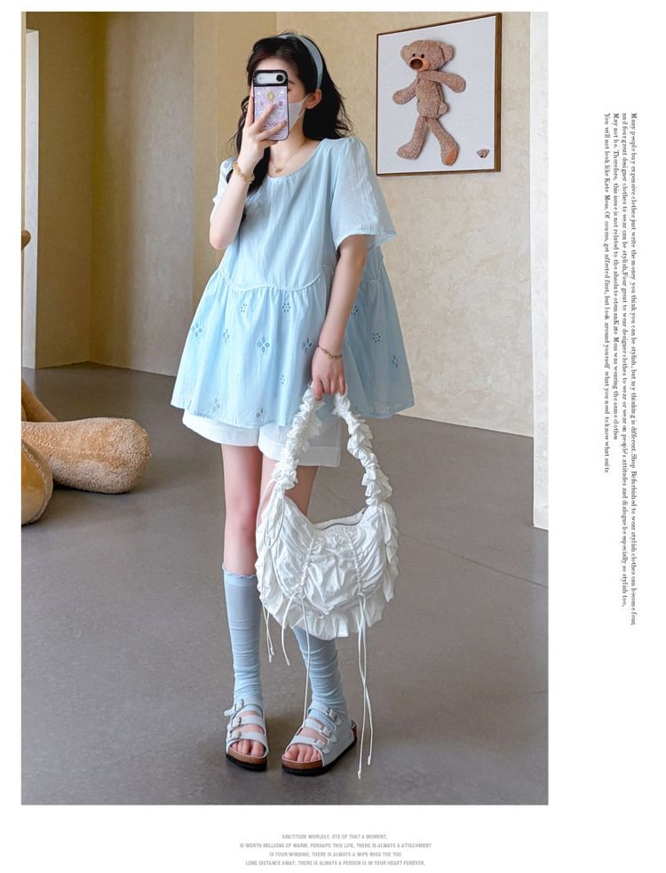 Maternity Elbow-Sleeve Crew Neck Eyelet Blouse & Wide Leg Shorts Set