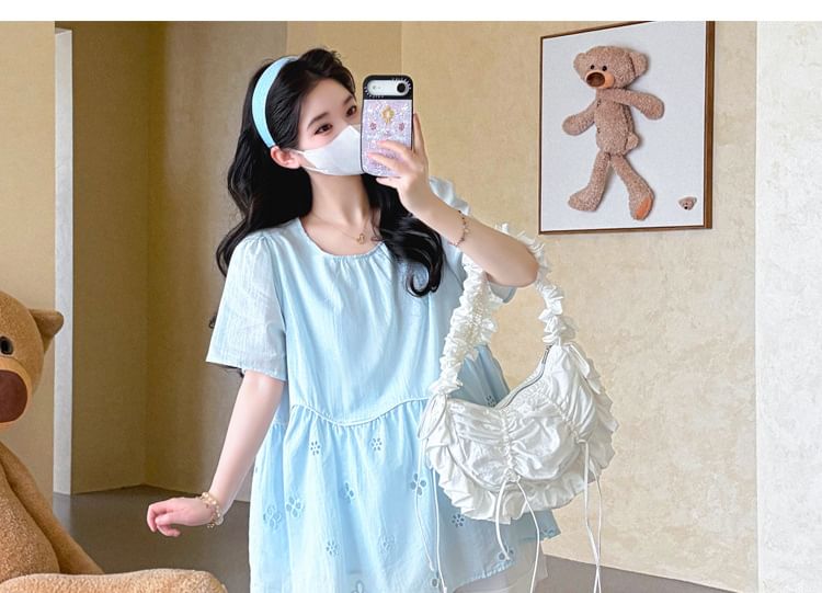 Maternity Elbow-Sleeve Crew Neck Eyelet Blouse & Wide Leg Shorts Set