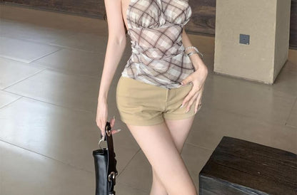 Plaid Halter Mock Neck Ruched Cutout Top