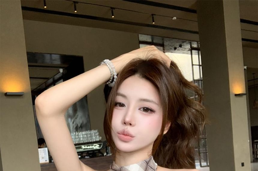 Plaid Halter Mock Neck Ruched Cutout Top