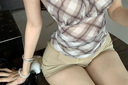 Plaid Halter Mock Neck Ruched Cutout Top