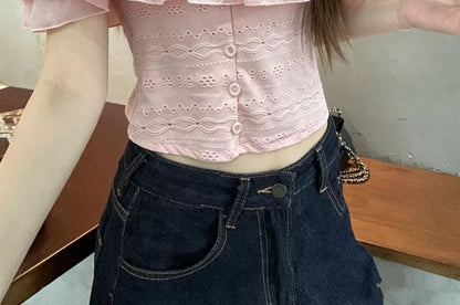 Off-Shoulder Short-Sleeved Ruffle Embroidered Blouse