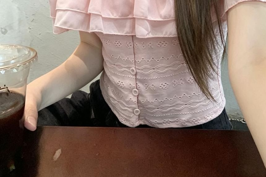 Off-Shoulder Short-Sleeved Ruffle Embroidered Blouse