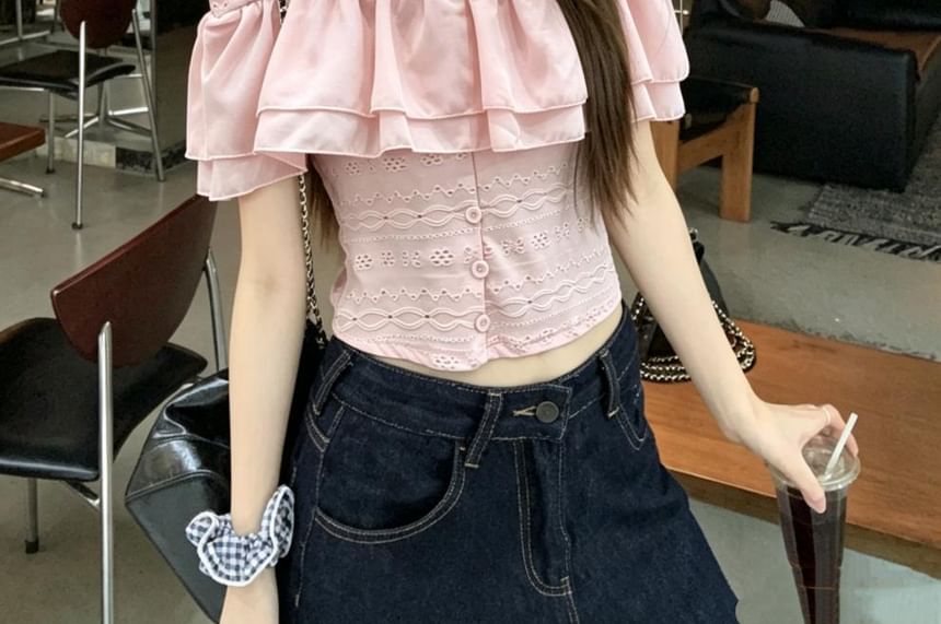 Off-Shoulder Short-Sleeved Ruffle Embroidered Blouse