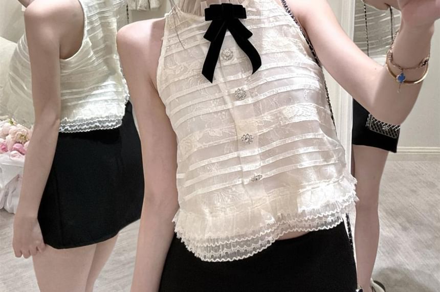 Mock Neck Bow Rhinestone Lace Top & Mini Skort Set