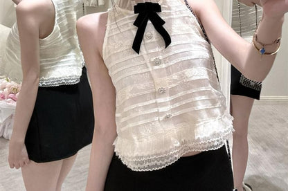 Mock Neck Bow Rhinestone Lace Top & Mini Skort Set