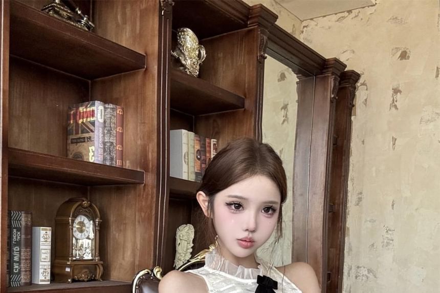 Mock Neck Bow Rhinestone Lace Top & Mini Skort Set