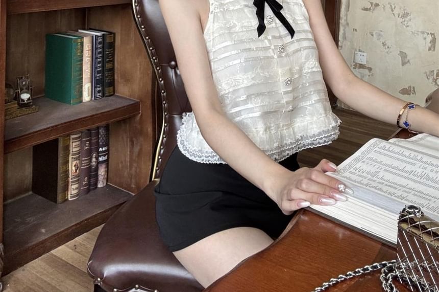 Mock Neck Bow Rhinestone Lace Top & Mini Skort Set