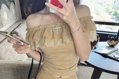 Off-Shoulder Ruffle Ruched Lace Top & Mini A-Line Skirt Set