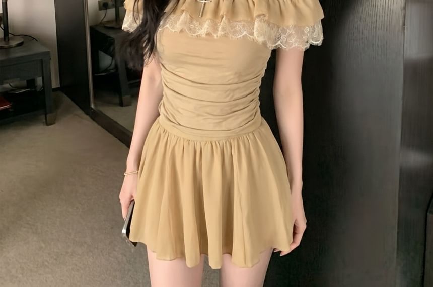 Off-Shoulder Ruffle Ruched Lace Top & Mini A-Line Skirt Set