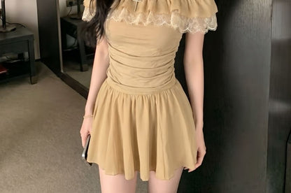 Off-Shoulder Ruffle Ruched Lace Top & Mini A-Line Skirt Set