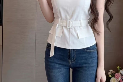 Halter Plain Belted Criss Cross Top