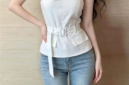Halter Plain Belted Criss Cross Top