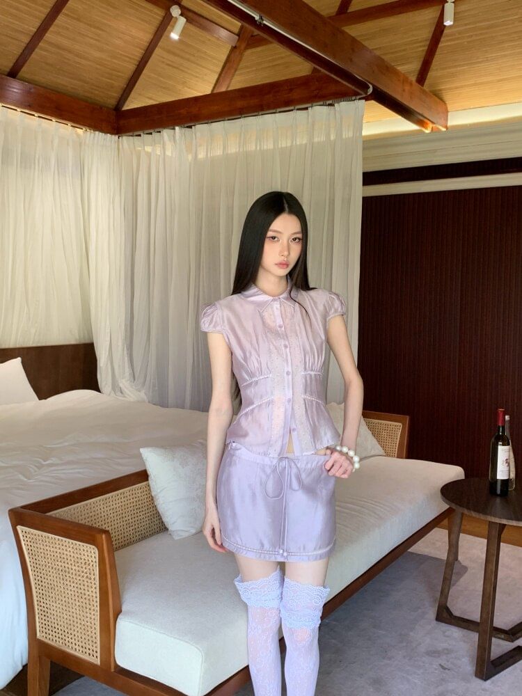 Sheer Panel Crop Blouse and Pencil Skirt Set