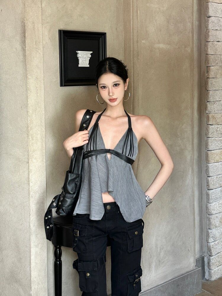 Two Tone Cutout Halter Crop Top