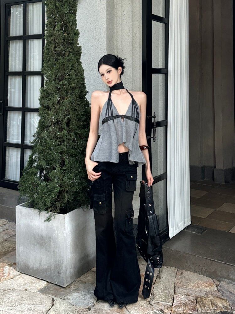 Two Tone Cutout Halter Crop Top