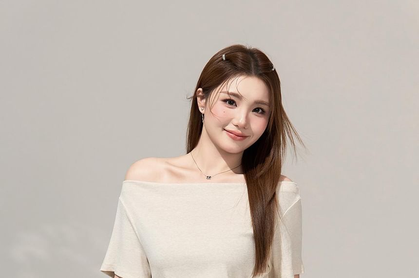 Off-Shoulder Ruched Slit Tee & High-Waisted Pants Set
