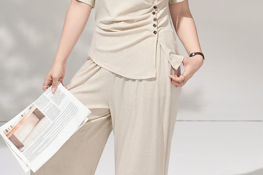 Off-Shoulder Ruched Slit Tee & High-Waisted Pants Set