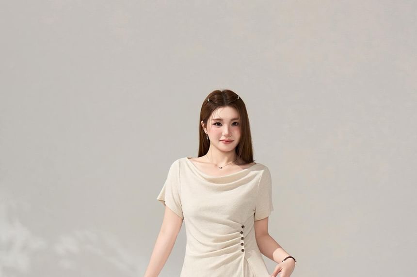 Off-Shoulder Ruched Slit Tee & High-Waisted Pants Set