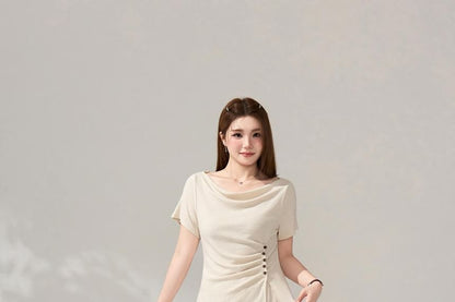 Off-Shoulder Ruched Slit Tee & High-Waisted Pants Set