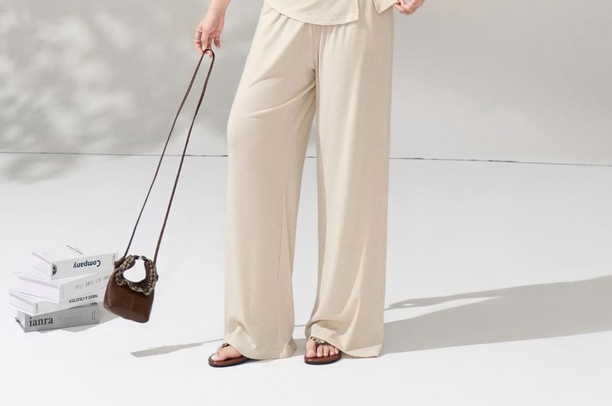 Off-Shoulder Ruched Slit Tee & High-Waisted Pants Set