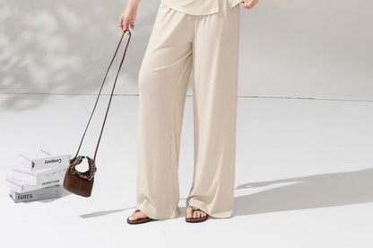 Off-Shoulder Ruched Slit Tee & High-Waisted Pants Set