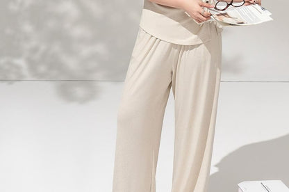 Off-Shoulder Ruched Slit Tee & High-Waisted Pants Set