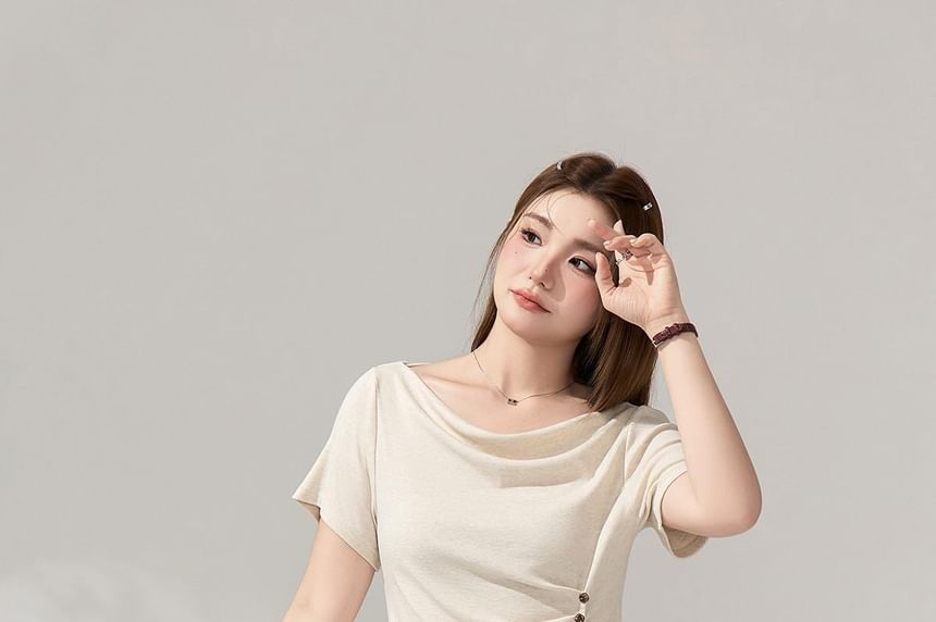 Off-Shoulder Ruched Slit Tee & High-Waisted Pants Set