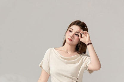 Off-Shoulder Ruched Slit Tee & High-Waisted Pants Set