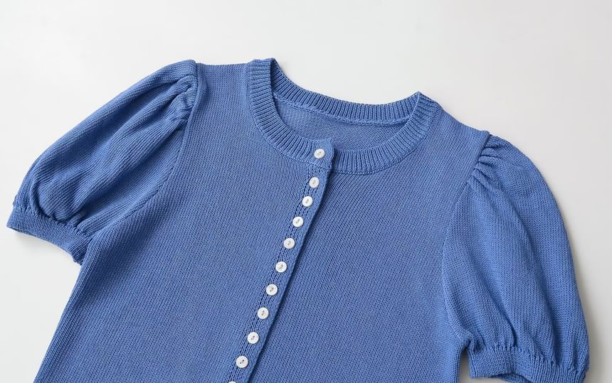Crewneck Button-Up Knit Tee - Short Sleeve