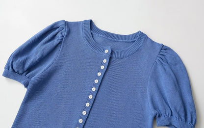 Crewneck Button-Up Knit Tee - Short Sleeve