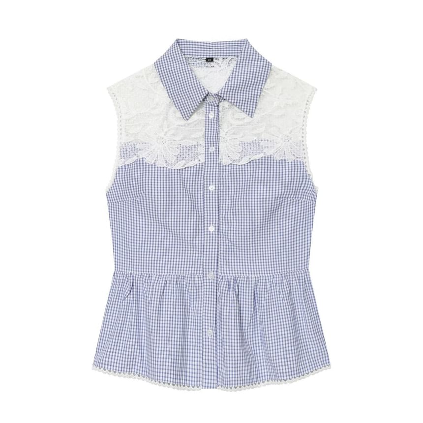 Gingham Check Lace Panel Shirt - Sleeveless