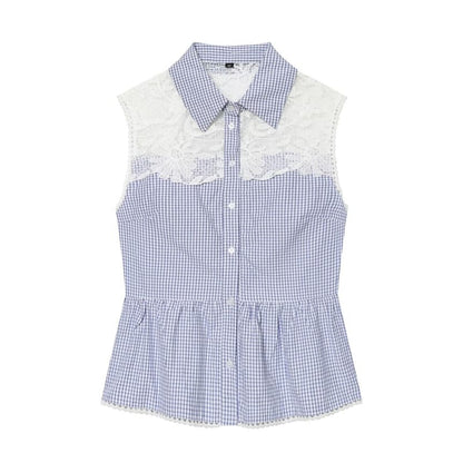 Gingham Check Lace Panel Shirt - Sleeveless