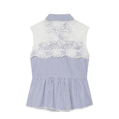 Gingham Check Lace Panel Shirt - Sleeveless