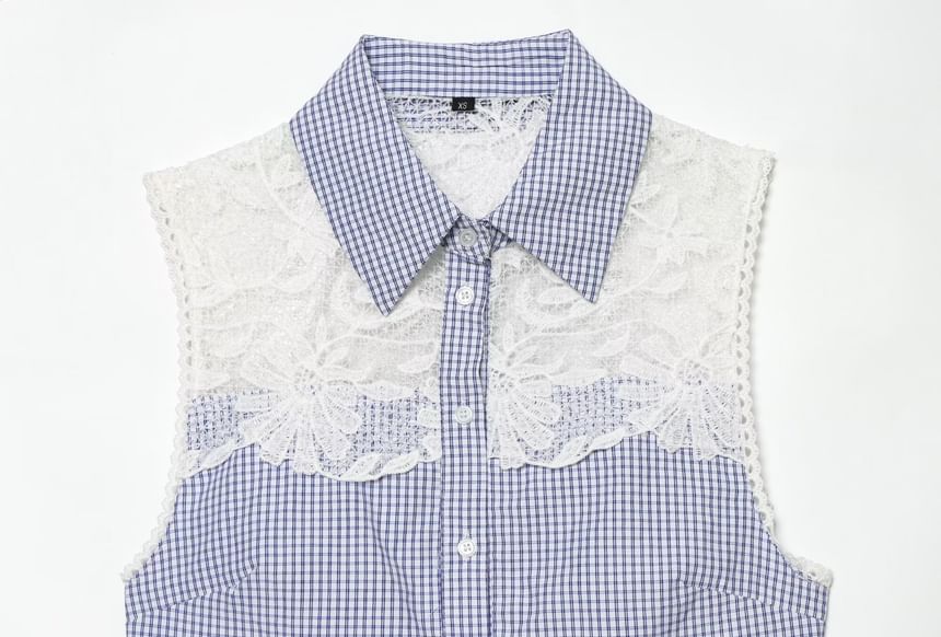Gingham Check Lace Panel Shirt - Sleeveless
