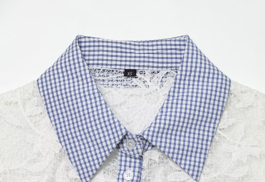 Gingham Check Lace Panel Shirt - Sleeveless