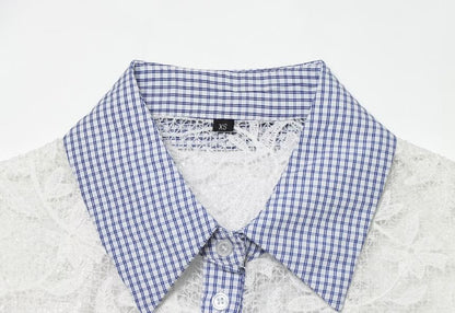 Gingham Check Lace Panel Shirt - Sleeveless
