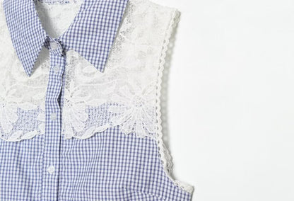 Gingham Check Lace Panel Shirt - Sleeveless