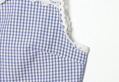 Gingham Check Lace Panel Shirt - Sleeveless