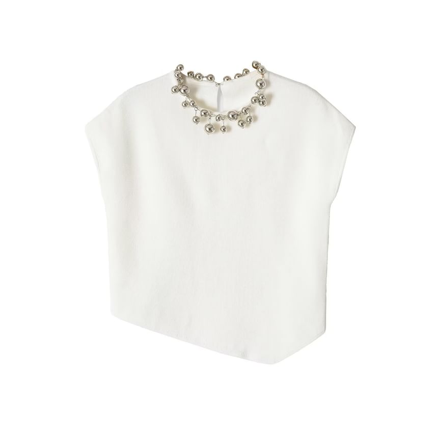 Asymmetrical Beaded Crop Knit Top - Sleeveless