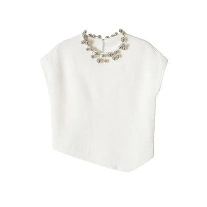 Asymmetrical Beaded Crop Knit Top - Sleeveless