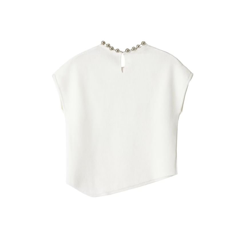 Asymmetrical Beaded Crop Knit Top - Sleeveless